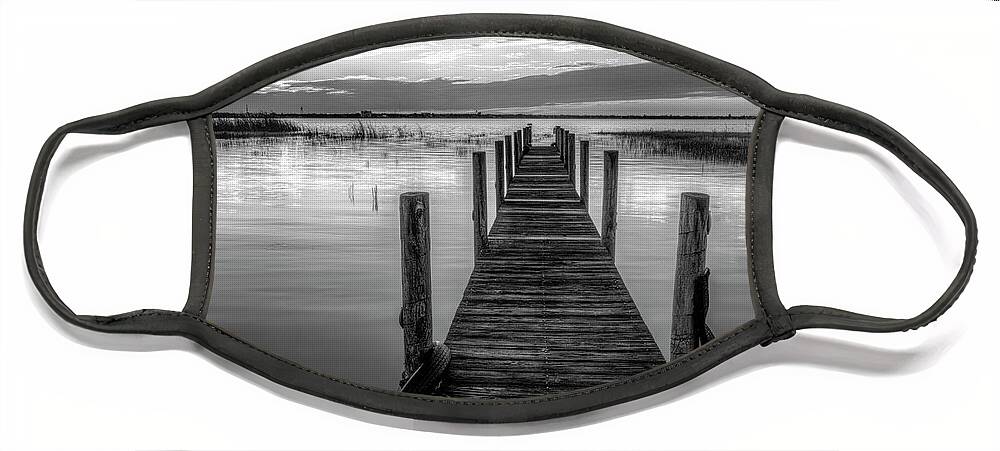 Clouds Face Mask featuring the photograph Dock at Sunset in Black and White by Debra and Dave Vanderlaan