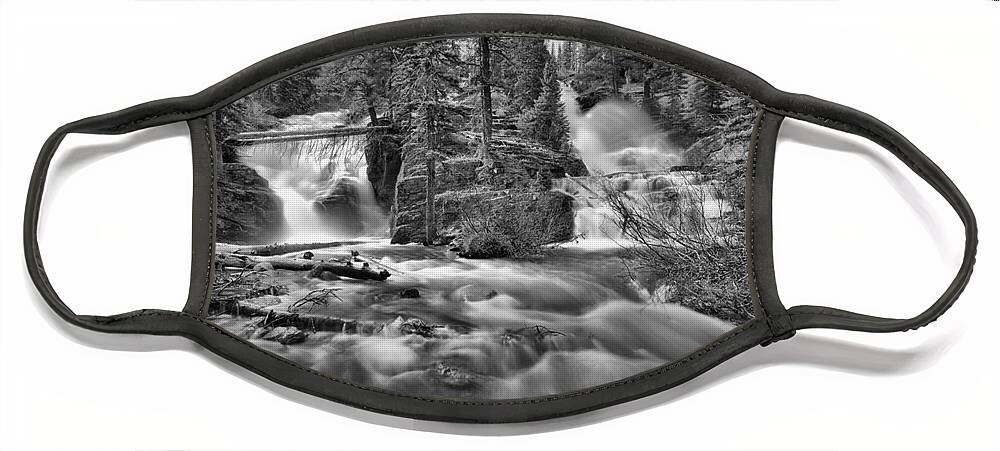 Twin Falls Face Mask featuring the photograph Double Falls At Glacier Park Black And White by Adam Jewell
