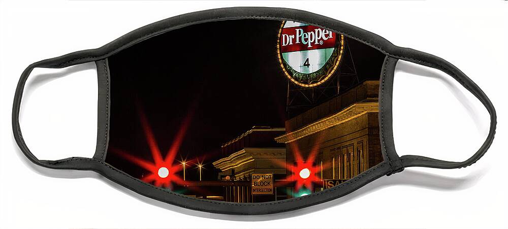  Dr Pepper Sign Neon Sign Face Mask featuring the photograph Dr Pepper Neon Sign Roanoke, Virginia. by Julieta Belmont