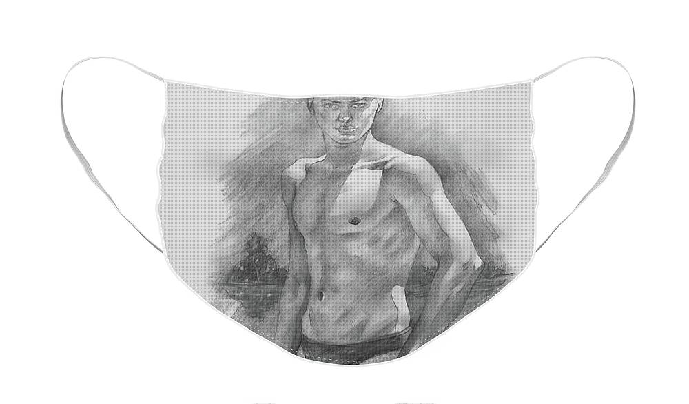 Swimmer，male Nude Face Mask featuring the drawing Drawing - Swimmer#1991 by Hongtao Huang