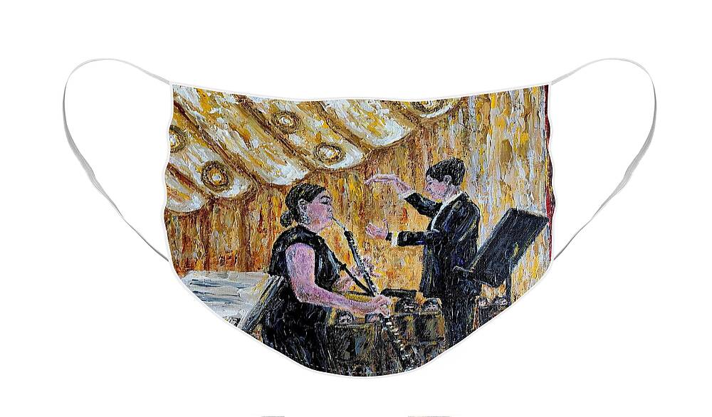Music Face Mask featuring the painting Dynamic Duo by Linda Donlin
