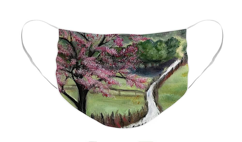 Castle Combe Face Mask featuring the painting English Cherry Blossom Tree by Roxy Rich