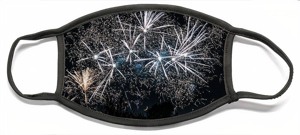 Fireworks Face Mask featuring the photograph Fireworks and Moon 2 by Allin Sorenson