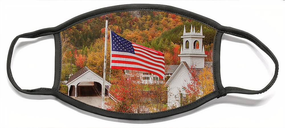 Autumn Face Mask featuring the photograph Flag flying over the Stark covered Bridge by Jeff Folger