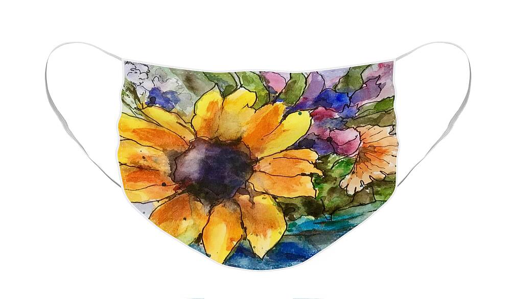 Sunflower Face Mask featuring the painting Flowers in Water by Cheryl Wallace