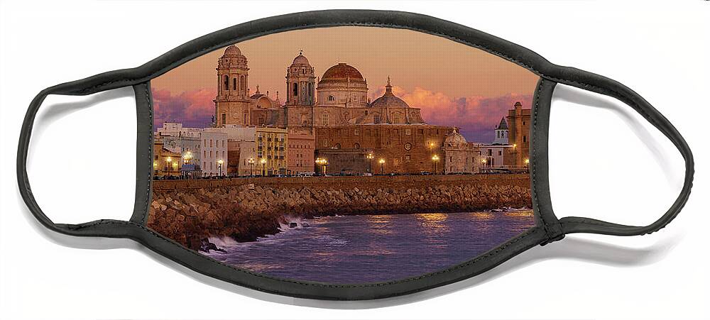 Culture Face Mask featuring the photograph Full Moon Over Cadiz Cathedral from Southern Field Andalusia Spain by Pablo Avanzini
