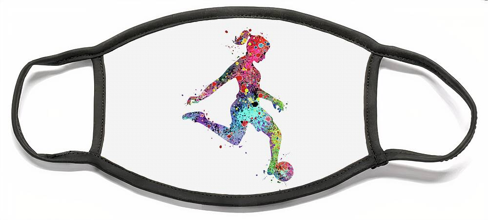 Girl Soccer Player Face Mask featuring the digital art Girl Soccer Player Watercolor Print by White Lotus