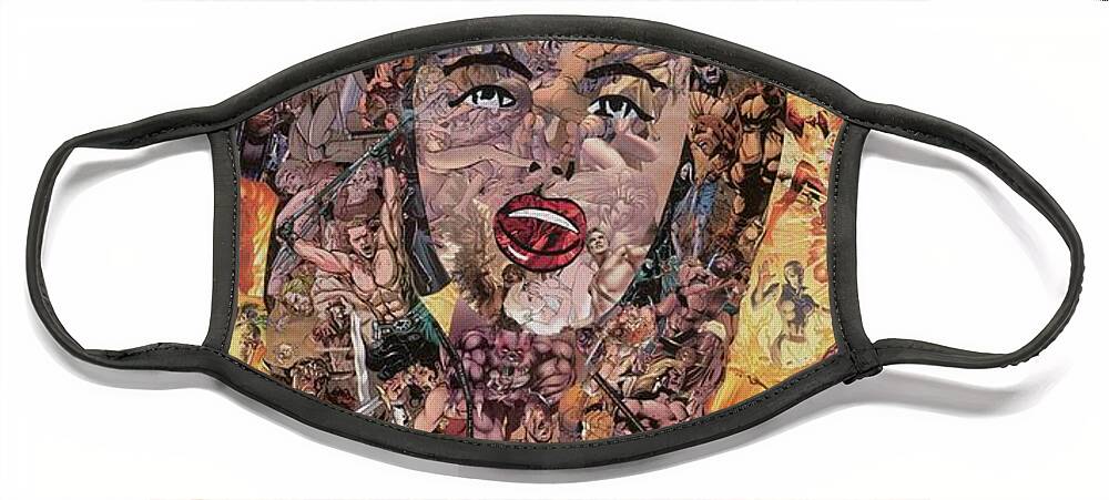 Commentary Face Mask featuring the mixed media Girl with Ball After Lichtenstein by Joshua Redman