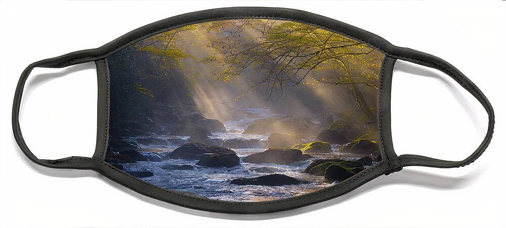 Fall Colors And Waterfall Face Mask featuring the photograph God Rays of The Middle Prong by Johnny Boyd