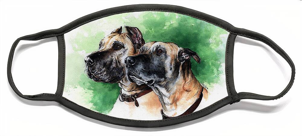Commissioned Great Dane Watercolour Art By Patrice Face Mask featuring the painting Great Danes by Patrice Clarkson