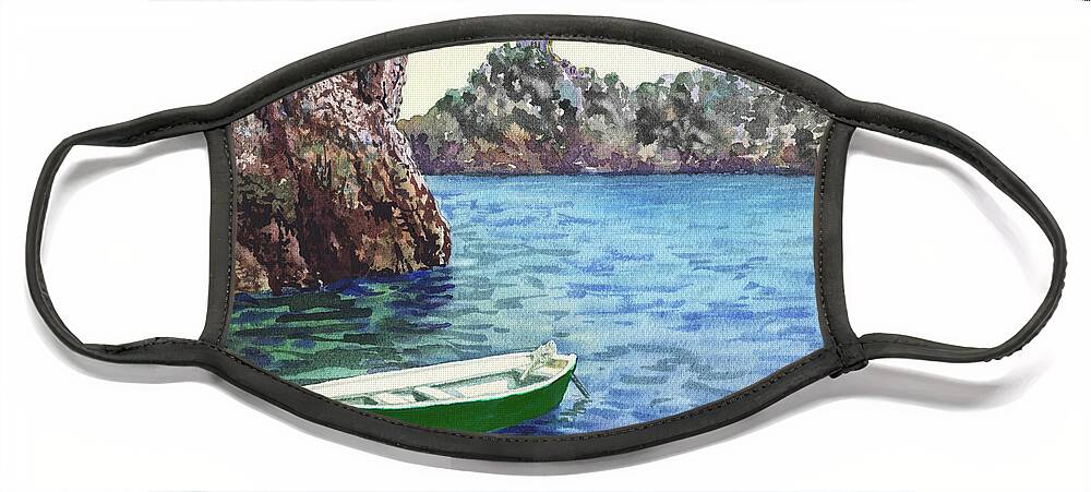 Green Boat Face Mask featuring the painting Green Boat Blue Sea Safe Harbor Watercolor by Irina Sztukowski
