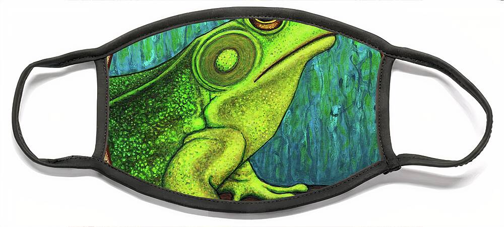 Animal Portrait Face Mask featuring the painting Green Frog Portrait - Brown Border by Amy E Fraser