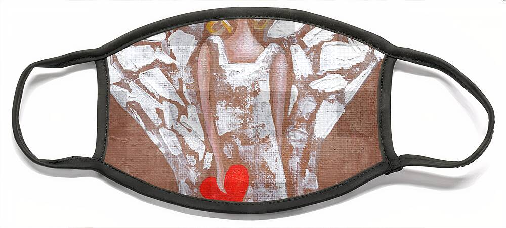 Angel Face Mask featuring the painting Heard on High Angel - brown heart by Annie Troe