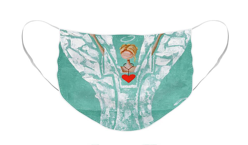 Angel Face Mask featuring the painting Heard on High Angel - teal heart by Annie Troe