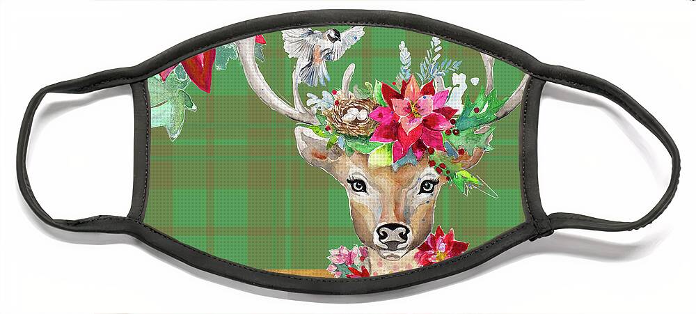 Reindeer Face Mask featuring the mixed media Holiday Reindeer On Plaid II by Patricia Pinto