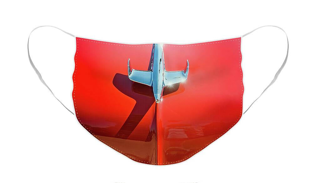Vehicle Face Mask featuring the photograph Hood Ornament on a Red 55 Chevy by Scott Norris