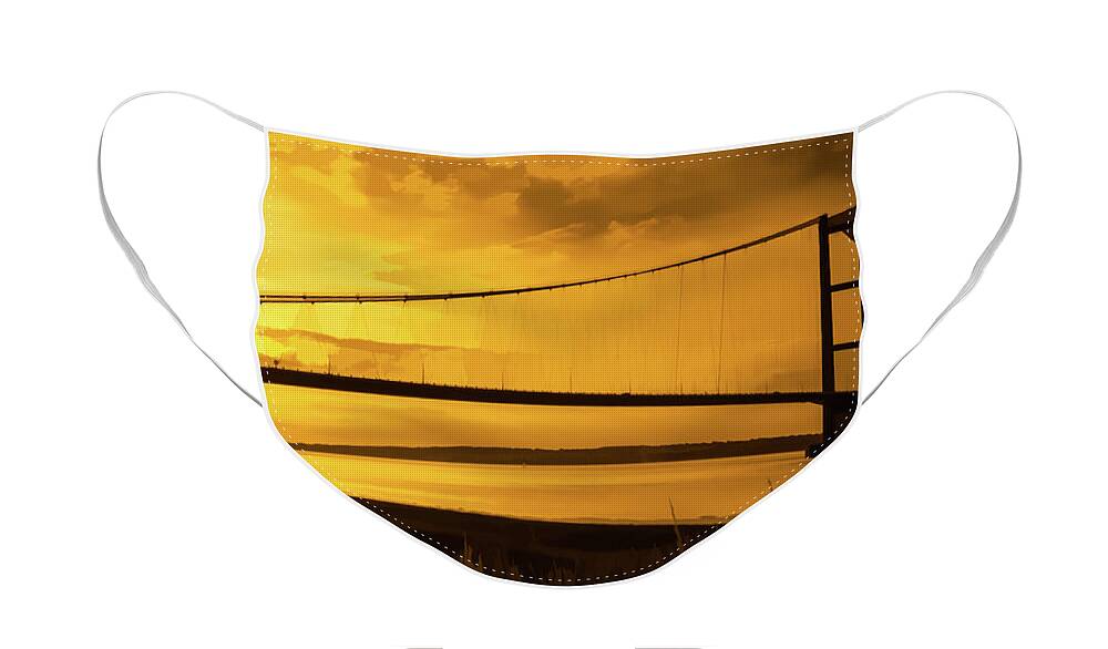 Architecture Face Mask featuring the photograph Humber Bridge Golden Sky by Scott Lyons