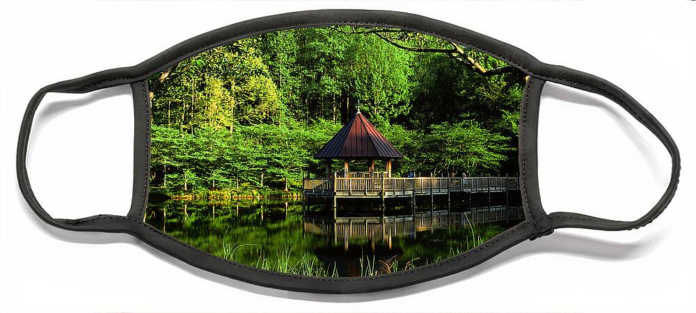 Lush Face Mask featuring the photograph Lake and Gazebo on a Spring Afternoon by Steve Ember