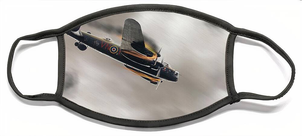 Lancaster Bomber Face Mask featuring the photograph Lancaster bomber on fire crashing by Simon Bratt