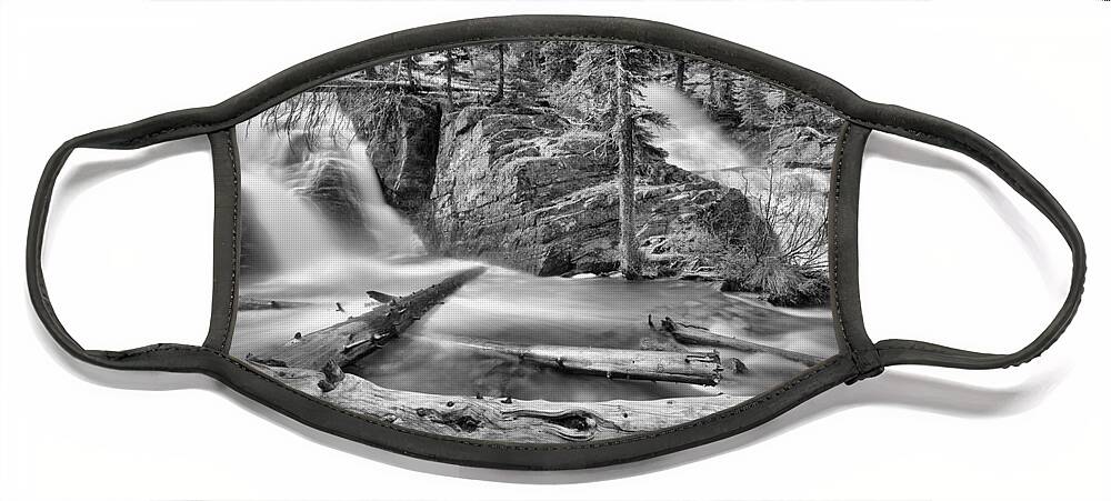 Twin Falls Face Mask featuring the photograph Logs Below Twin Falls Black And White by Adam Jewell