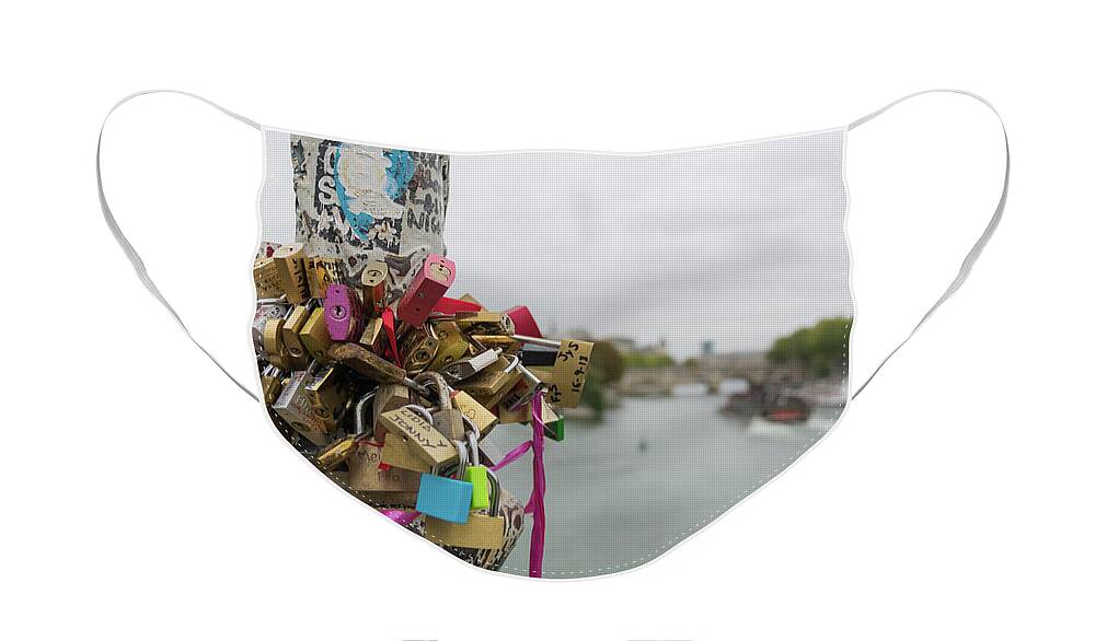 Love Locks Face Mask featuring the photograph Love Locks Overlook the Seine by Liz Albro