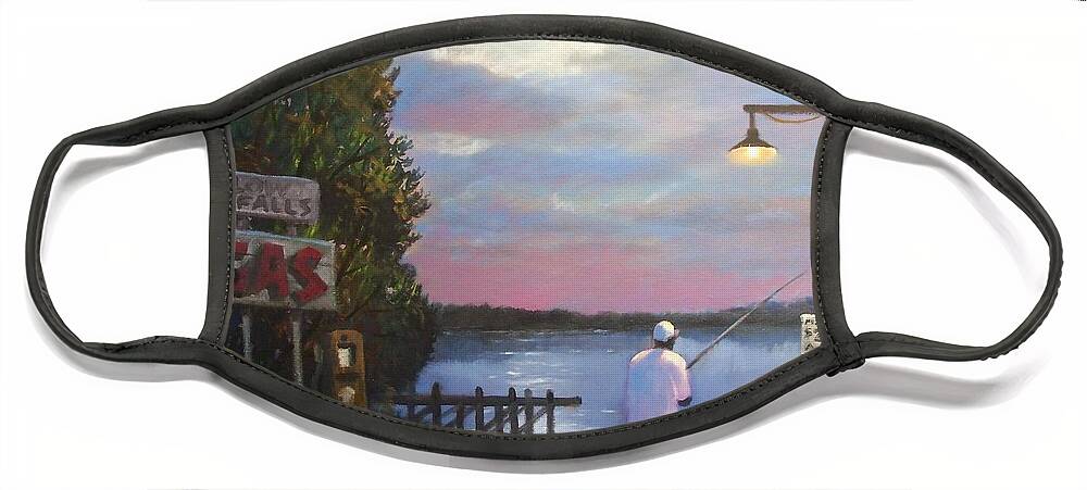 Low Falls Landing Face Mask featuring the painting Low Falls Landing with Fisherman by Blue Sky