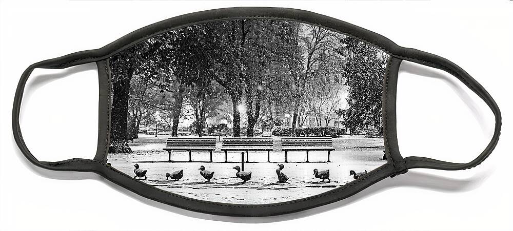 Boston Face Mask featuring the photograph Make Way For Ducklings in the Snow Boston Common Boston MA Black and White by Toby McGuire