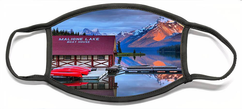 Maligne Lake Face Mask featuring the photograph Maligne Lake Sunset Spectacular by Adam Jewell