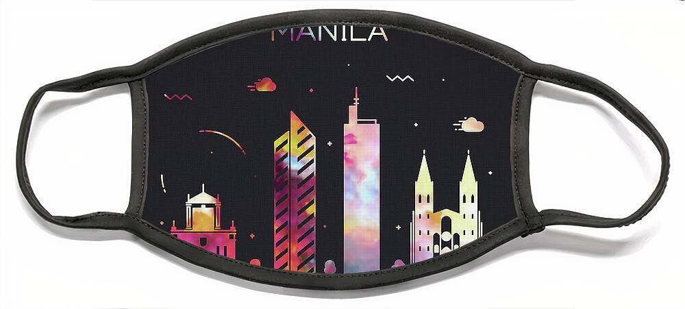 Manila Face Mask featuring the mixed media Manila Philippines Skyline Whimsical Fun Wide Dark by Design Turnpike