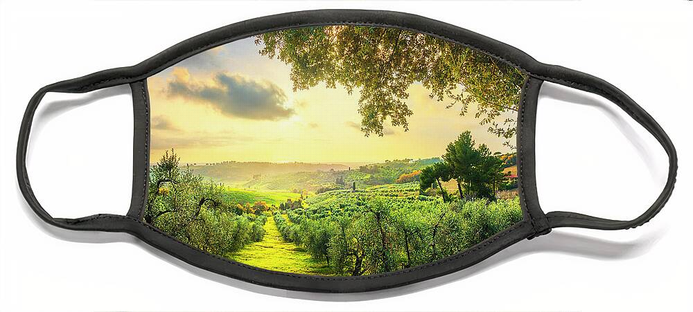 Olive Face Mask featuring the photograph Maremma countryside panorama and olive trees on sunset. Casale M by Stefano Orazzini