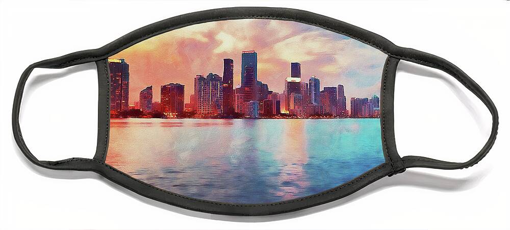 Miami Face Mask featuring the painting Miami Cityscape - 02 by AM FineArtPrints