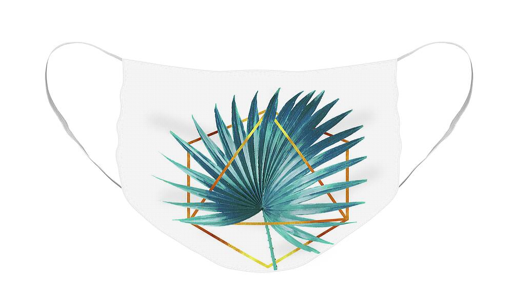 Tropical Palm Leaf Face Mask featuring the mixed media Minimal Tropical Palm Leaf - Palm and Gold - Gold Geometric Shape - Modern Tropical Wall Art - Blue by Studio Grafiikka