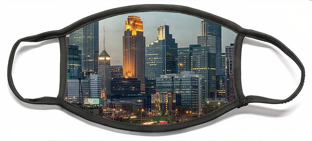 Night Photography Face Mask featuring the photograph Minneapolis Skyline Panoramic Print Signed by Karen Kelm