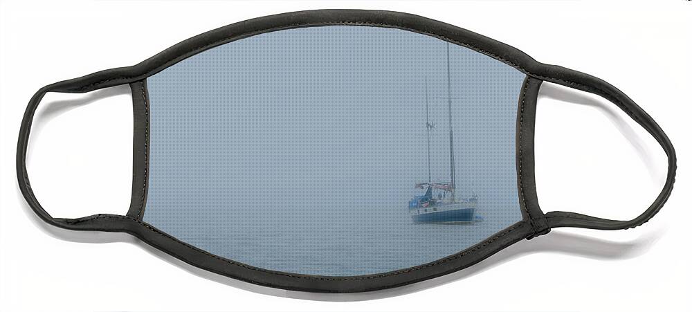 Boat Face Mask featuring the digital art Misty Boat Anchored by Liz Albro