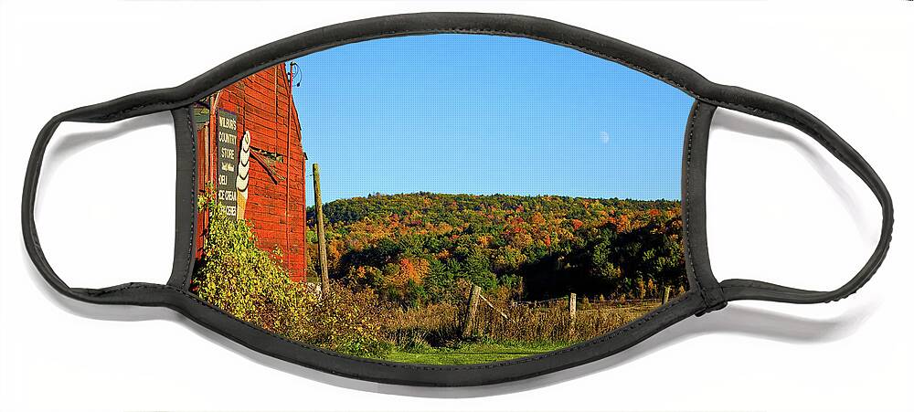 Vermont Red Barn Face Mask featuring the photograph Moon rise over Vermont foliage on the farm by Jeff Folger