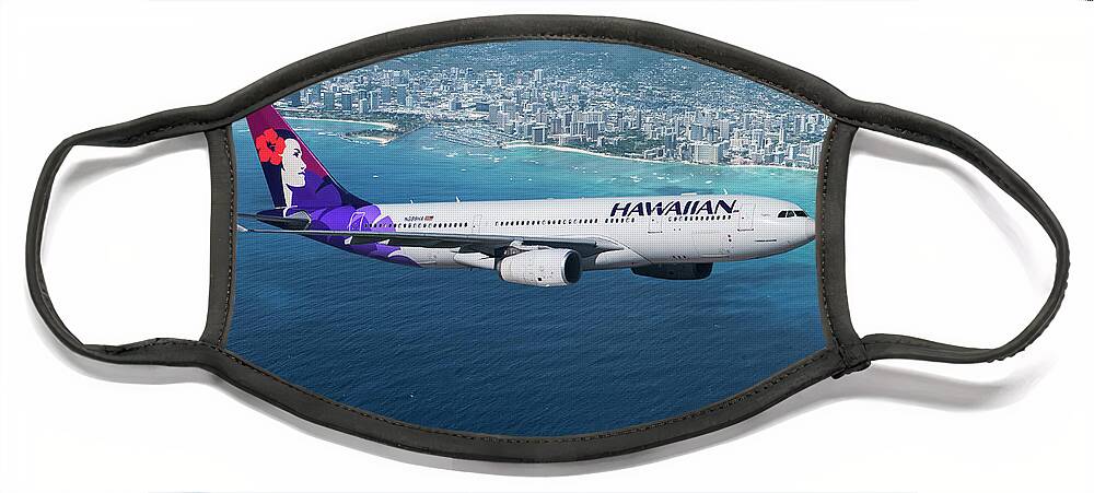Hawaiian Airlines Face Mask featuring the mixed media My Blue Hawaii Airbus by Erik Simonsen