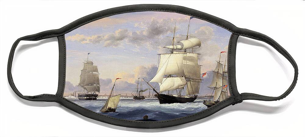 New York Harbor Face Mask featuring the painting New York Harbor by Fitz Henry Lane by Rolando Burbon