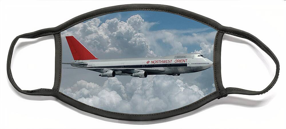 Northwest Orient Airlines Face Mask featuring the mixed media Northwest Orient Among the Clouds by Erik Simonsen