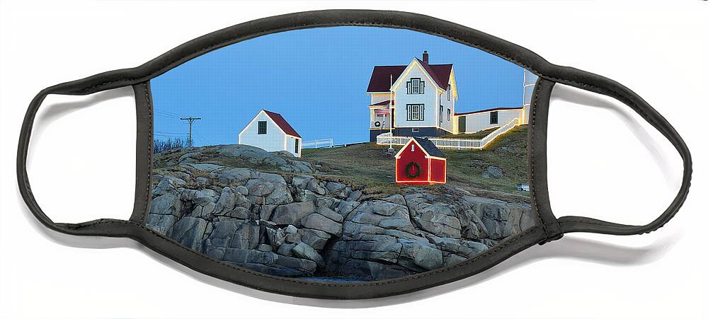 Nubble Lighthouse Face Mask featuring the photograph Nubble Light Holiday Glow by Luke Moore