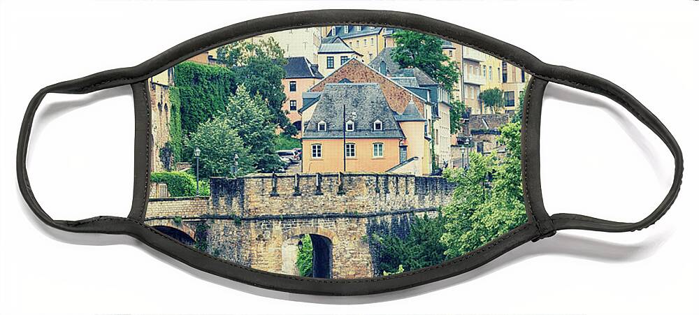 Alzette Face Mask featuring the photograph old city Luxembourg from above by Ariadna De Raadt