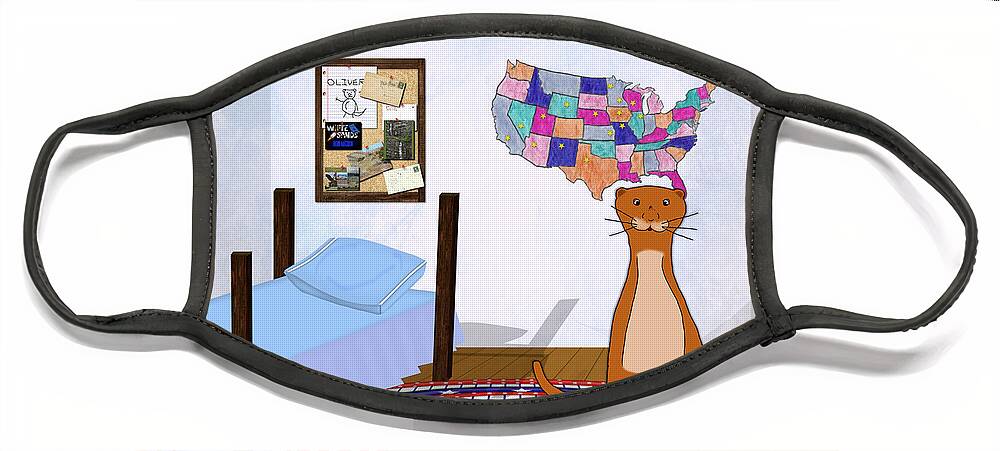 Red Face Mask featuring the photograph Oliver Loves To Travel - Bedroom, Map, and Postcards by Colleen Cornelius