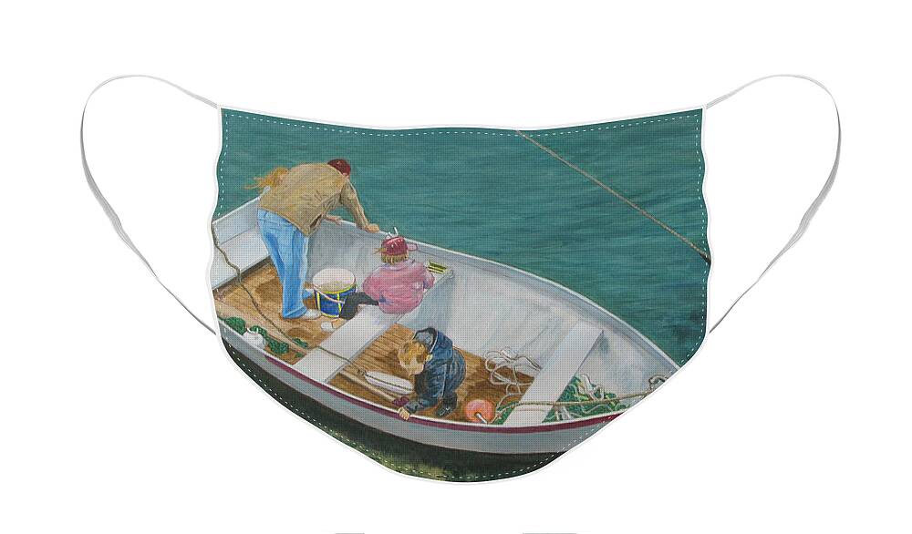Painting Dad With Three Kids In Boat At Solva Pembrokeshire Wales Face Mask featuring the painting Painting Dad with Three Kids in Boat at Solva Pembrokeshire Wales by Edward McNaught-Davis