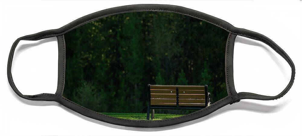 Bench Face Mask featuring the photograph Park bench at sunrise by Julieta Belmont