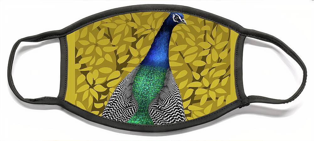 Peacock In Tree Face Mask featuring the painting Peacock in Tree, Golden Ochre, Square by David Arrigoni