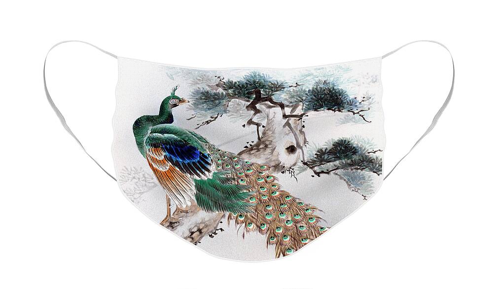 Japan Face Mask featuring the painting Peacock by Shisen