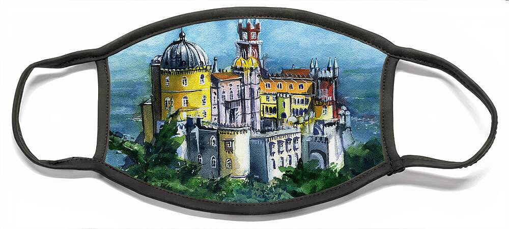 Lisboa Face Mask featuring the painting Pena National Palace in Sintra Portugal by Dora Hathazi Mendes