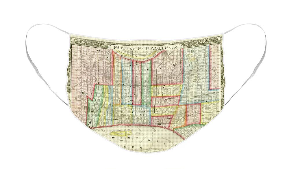 Map Face Mask featuring the mixed media Plan of Philadelphia, 1860 by Augustus Mitchell