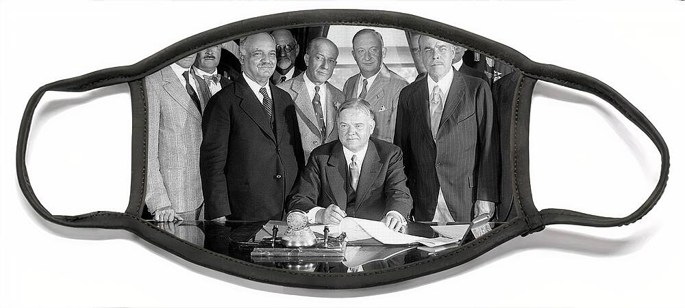 Herbert Hoover Face Mask featuring the photograph President Hoover Signing Farm Relief Bill - 1929 by War Is Hell Store