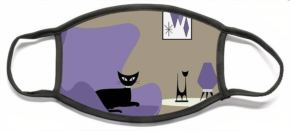 Mid Century Modern Face Mask featuring the digital art Purple Egg Chair with Cats by Donna Mibus