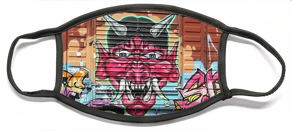 Railroad Car Face Mask featuring the photograph Railroad Car Graffiti Devil Box Car 2 by Joseph C Hinson